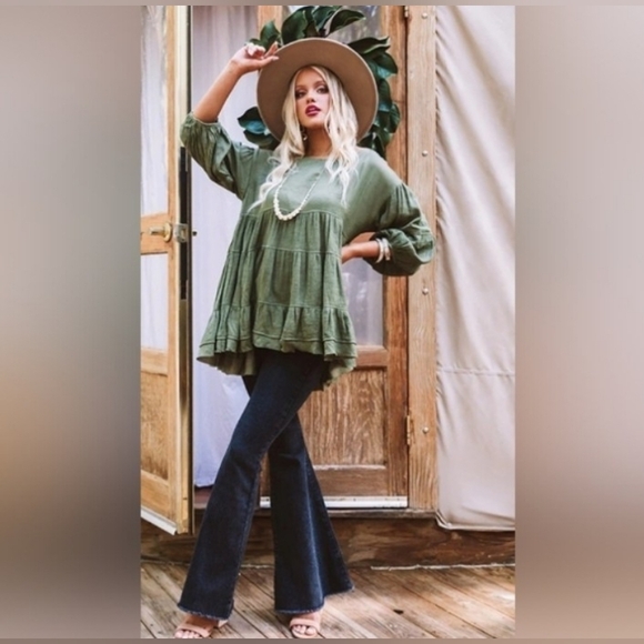 Umgee Tops - Bohemian Olive Green Tiered Peasant Blouse